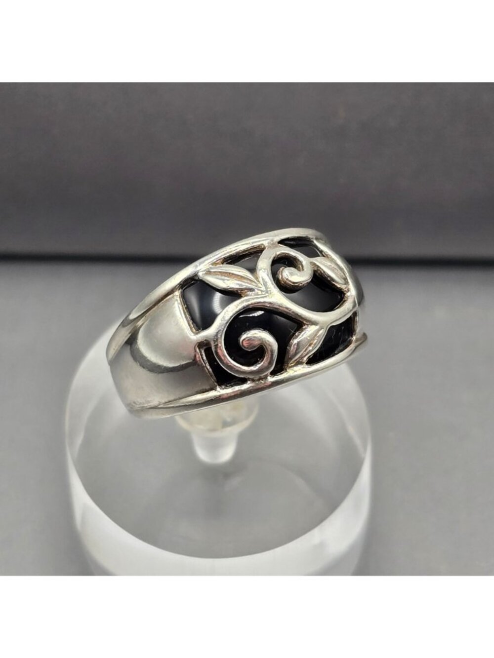 Black Onyx Sterling Silver Ring Size 10 Vining Leaf Scroll Modernist Dome Band - Picture 2 of 14